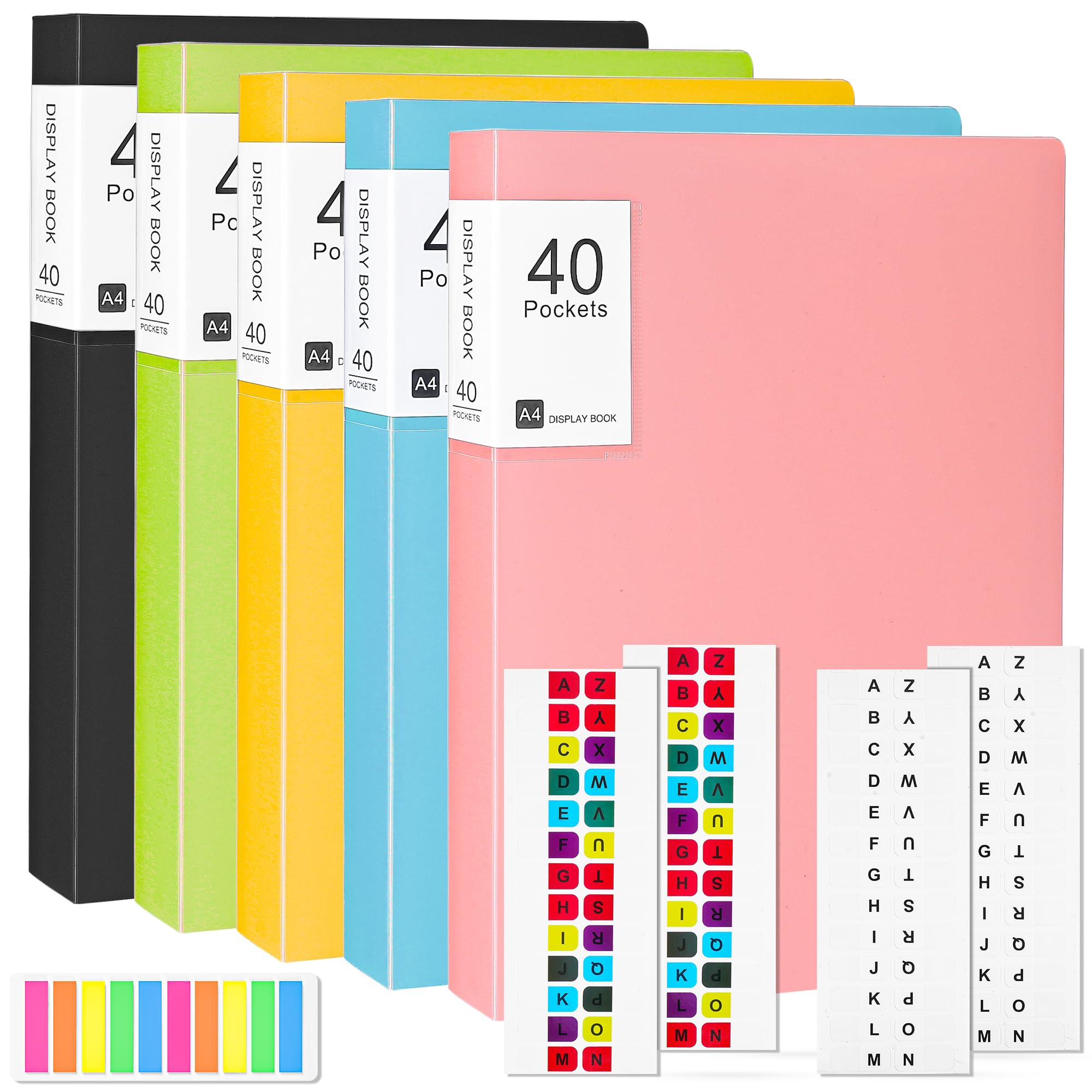 【Upgraded】 A4 Display Folder,5 Pack 40 Pockets A4 Display Book with Plastic Sleeves, Presentation Folders Document Project Folder for Individuals, School and Offices (5 Colours)