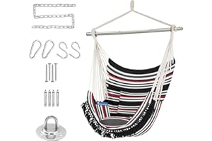 Gold Armour Hammock Chair Hanging Rope Swing Max 500lbs, 2 Seat Cushions Included, Hanging Chair with Pocket-Quality Cotton Weave for Superior Comfort & Durability (Black White Red Stripe)