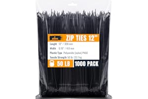 ALBO Zip Ties Black 12 Inch 1000 Pack Long Plastic Cable Ties Thick 0.19 Inch Tie Wraps Heavy Duty 50 lb UV Resistant Nylon W