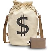 AseiTaku Canvas Drawstring Backpack with Coin pouch, Large Money Dollar Sign Bucket Rucksack, Lightweight Sport Bags (Light Khaki)