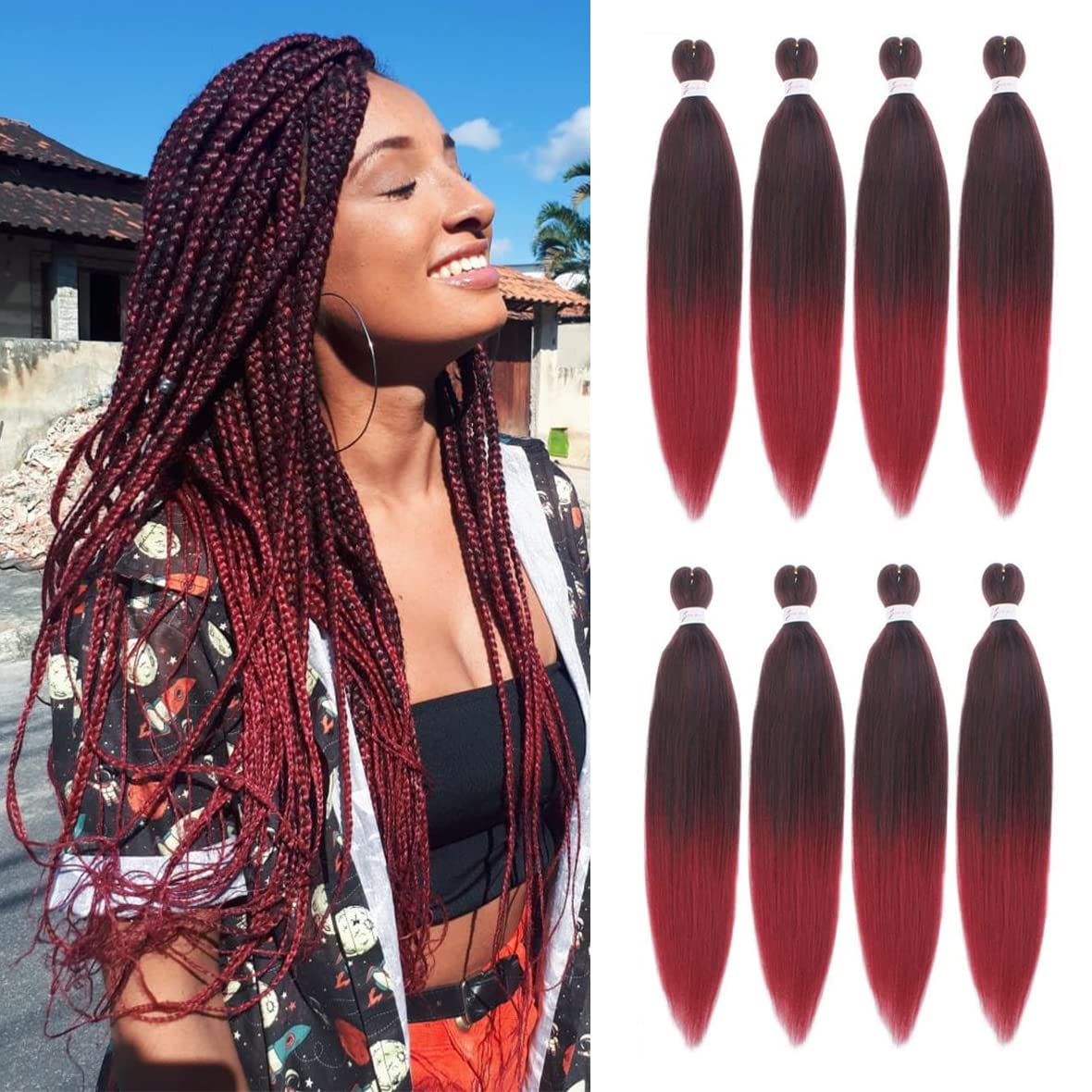 Leeven 20 Inch Pre Stretched Braiding Hair 8 Packs Ombre Burgundy Red EZ Braids for Goddess Box Braid Hair Extensions /20 Inch 1B900# — image 1