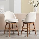 Counter Height Bar Stools Set of 2, Linen Fabric Upholstered Swivel Barstools with Solid Wood Legs & Double-Padded Seat, Mid 