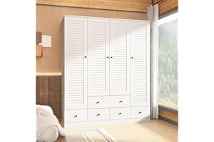 TAMUNE Wardrobe Armoire Closet with 4 Louvered Doors & 5 Drawers, Bedroom Armoire with Hanging Rods & Shelves, Wardrobe Closet Clothes Cabinet for Bedroom, White, 19.1”D x 59.1”W x 70.5”H
