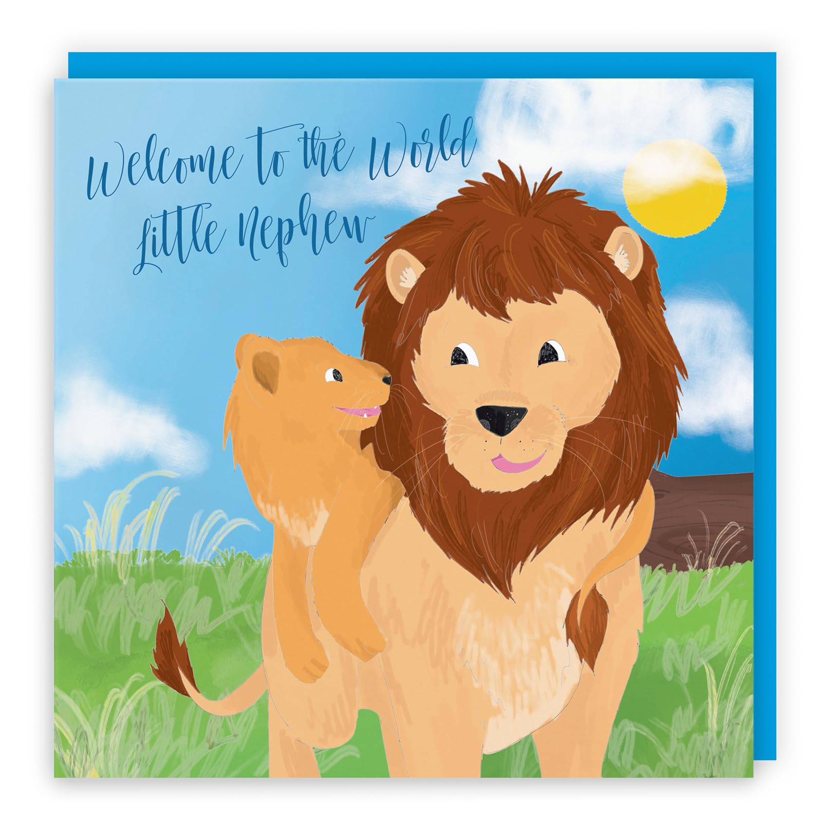 Hunts England - Nephew New Baby Card - Welcome To The World Little Nephew - Cute Lions - Card From Auntie - Uncle - Jungle Collection