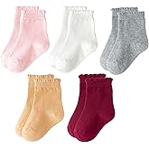 Meeshine 5 Pairs Baby Girls Ruffle Ankle Socks Toddler Frilly Dress School Uniform Solid Socks for 1-5T