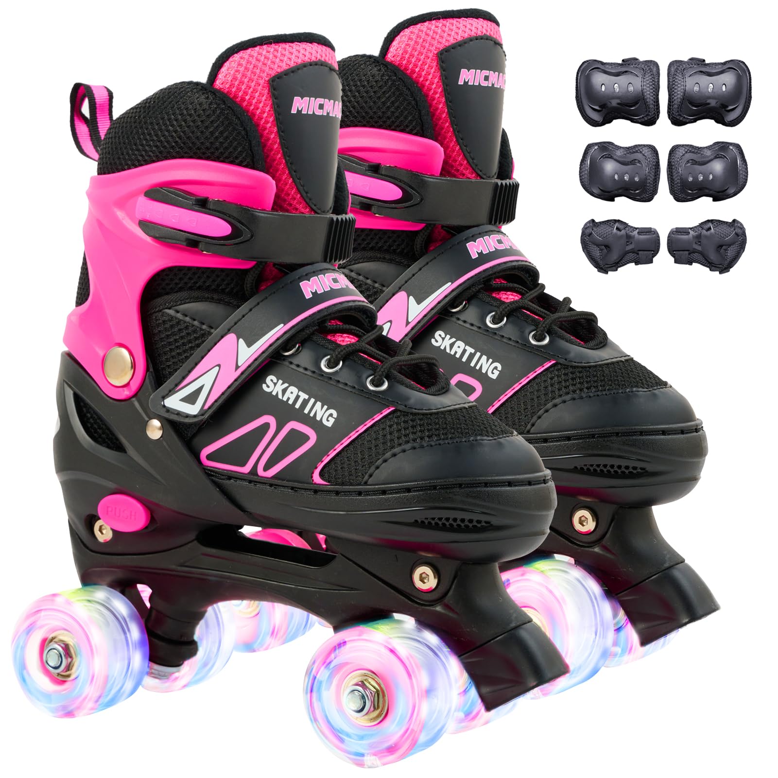 Photo 1 of ?Pink Girls' Double-Row Roller Skates with Protective Gear - One-Click 4-Size Adjustable, Light-Up Wheels & Safety Brake System, Indoor/Outdoor Kids Skates for Ages 3-12