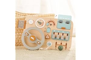 WOODEN TEETHER Wooden Montessori Steering Wheel Sensory Activity Board for 1-4 Year Olds, Fine Motor Skills, Travel Busy Board Educational Toys for Boys and Girls