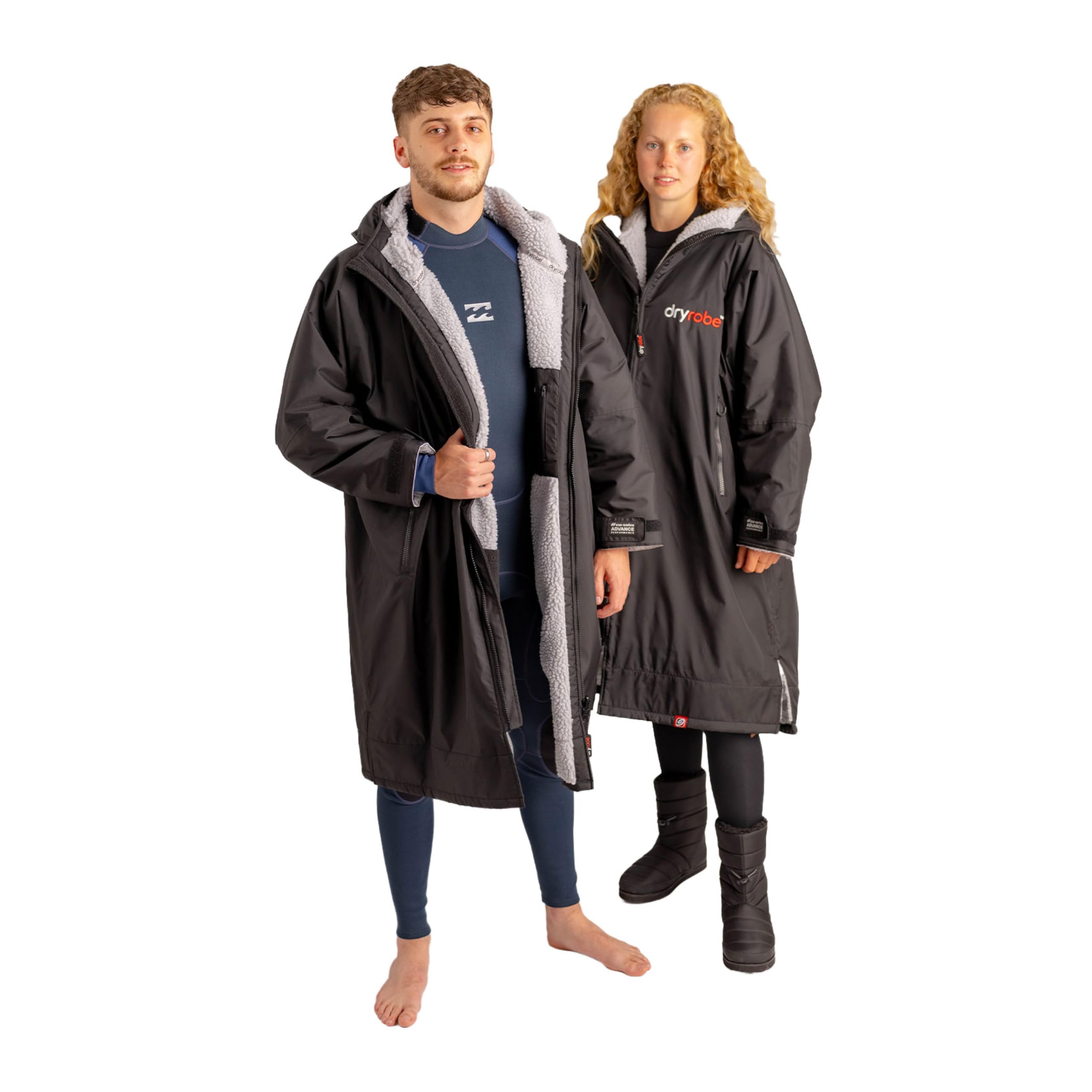 Dryrobe Advance - The Original Long Sleeve Waterproof Changing Robe - Oversized Coat with Fleece Lining - for Beach, Cold Water Wild Swimming, Surfing - Medium - Black/Grey
