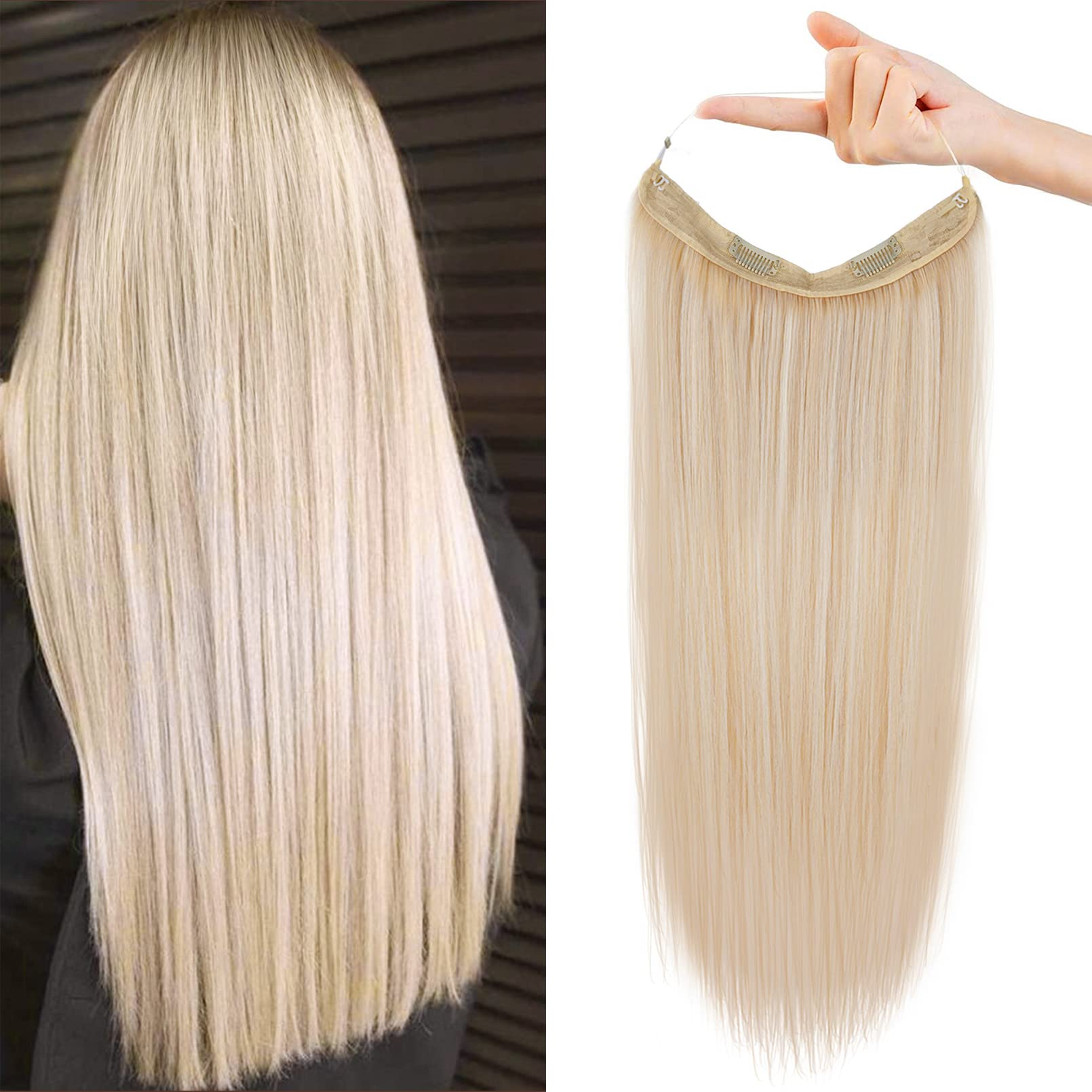 Photo 1 of REECHO Invisible Wire Hair Extensions with Transparent Headband Adjustable Size Removable Secure Clips in Straight Secret Hairpiece for Women (14 Inch (Pack of 1), Light Blonde)