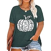 Plus Size Fall Pumpkin Tshirt Women Halloween Thanksgiving T-Shirt Casual Short Sleeve Tops Floral Pumpkin Shirt
