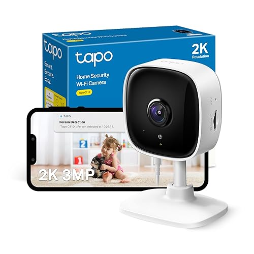 Tapo C110 2K 3MP Indoor Camera House Security, WiFi, No Monthly Fee, AI Detection, Dog Puppy, Baby Monitor, 2-way Talk, Advanced Night Vision, Works with Alexa & Google