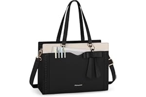 RAINSMORE Laptop Bag for Women 15.6 Inch Work Tote Bag with Detachable Strap & Bow Leather Laptop Tote with Cup Holder