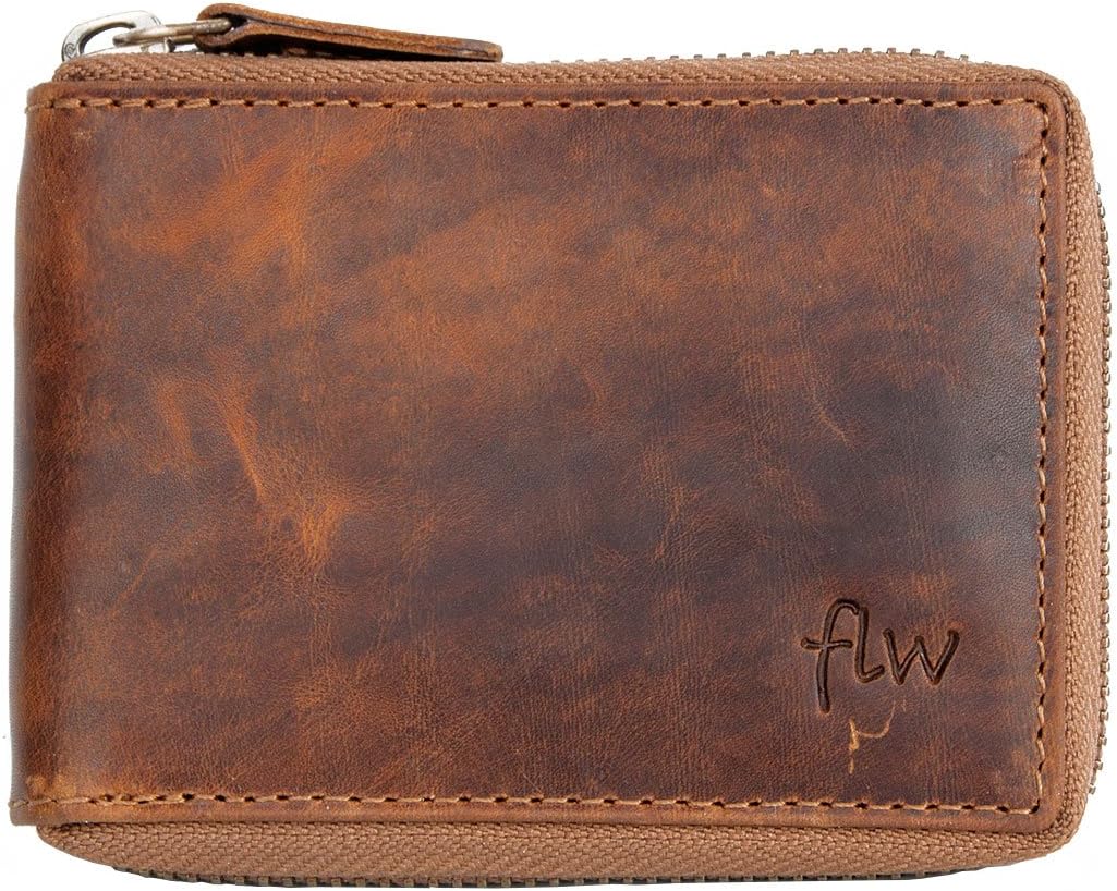 FLW Glazed genuine leather pocket sized wallet with metal zipper around, Tan