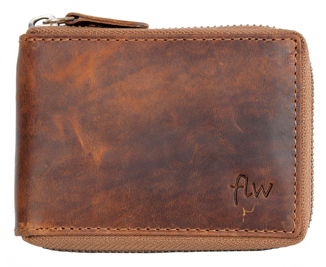 FLW Glazed genuine leather pocket sized wallet with metal zipper around