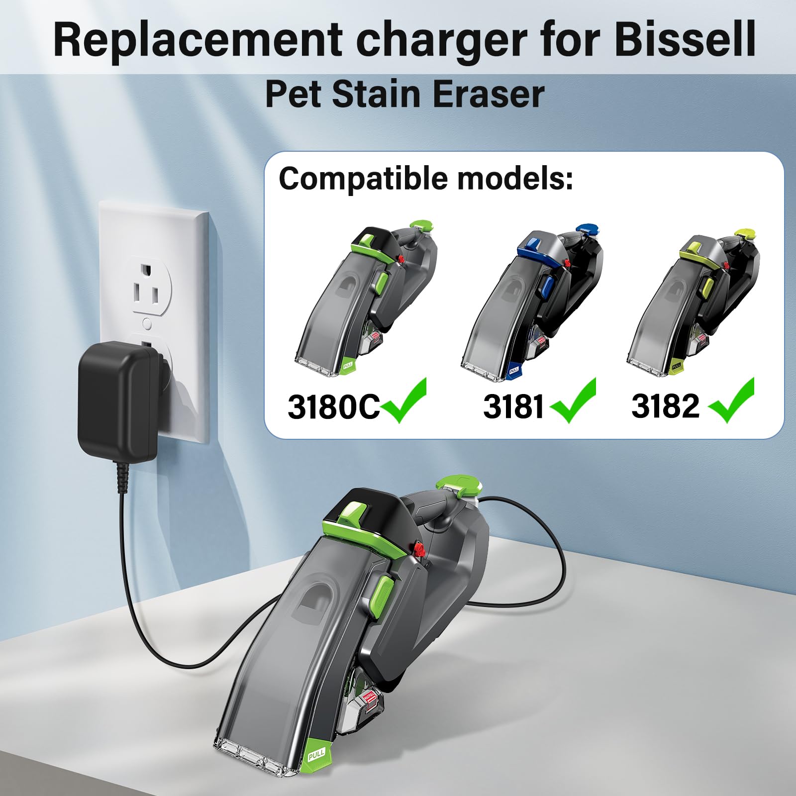 10V Pet Stain Eraser Charger Replacement Compatible with Bissell 3180 Power Cord AC Adapter for Bissell 3180C 3181 3182 Cordless Portable Spot Carpet Vacuum Cleaner 3705 3706 Charging Plug Cable