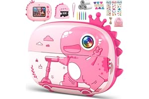 USTEETIC Kids Camera Instant Print, 20MP 1080P Ink Free Instant Print Camera for Kids, Dinosaur Instant Camera for Kids Aged 3-10, Toddler Camera for Kids Christmas Birthday Gifts (Pink)