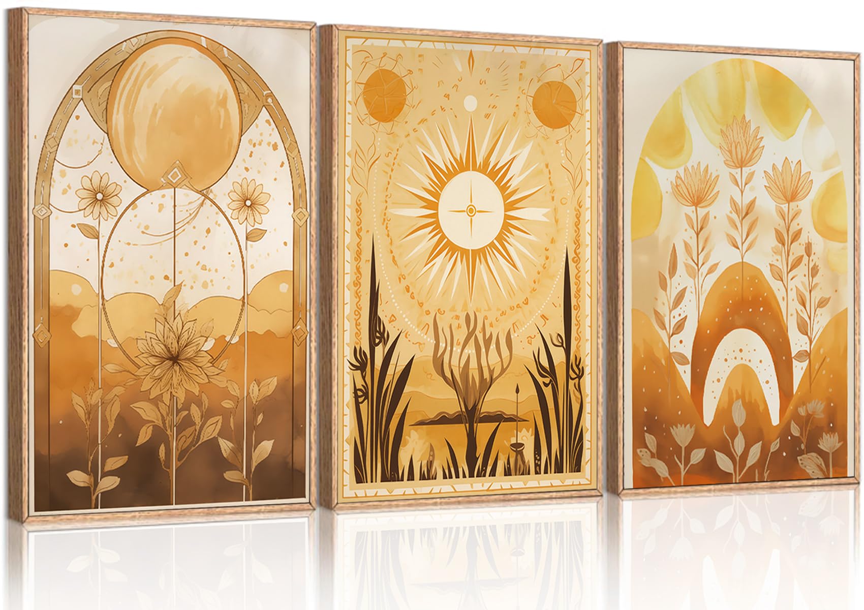 Photo 1 of 3Pcs Orange Boho Wall Art Yellow Orange Sun Wall Decor Pictures Modern Abstract Flowers Posters Prints for Living Room Bedroom Bathroom Painting Artwork Home Decoration Unframed
