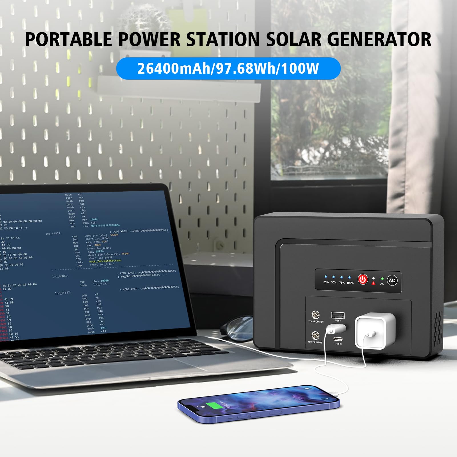Powkey Portable Power Station with Solar Panel,100W/97Wh Small Portable Generator with Solar Panel 30W,Fast Charging Power Bank with AC Outlet/PD65W USB C/USB QC 3.0/DC for Outdoor Camping Home Backup