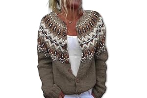Fair Isle Cardigan Women Sweater Open Front Casual Fall, Crew Neck Loose Fit Button Up Chunky Sweater Open