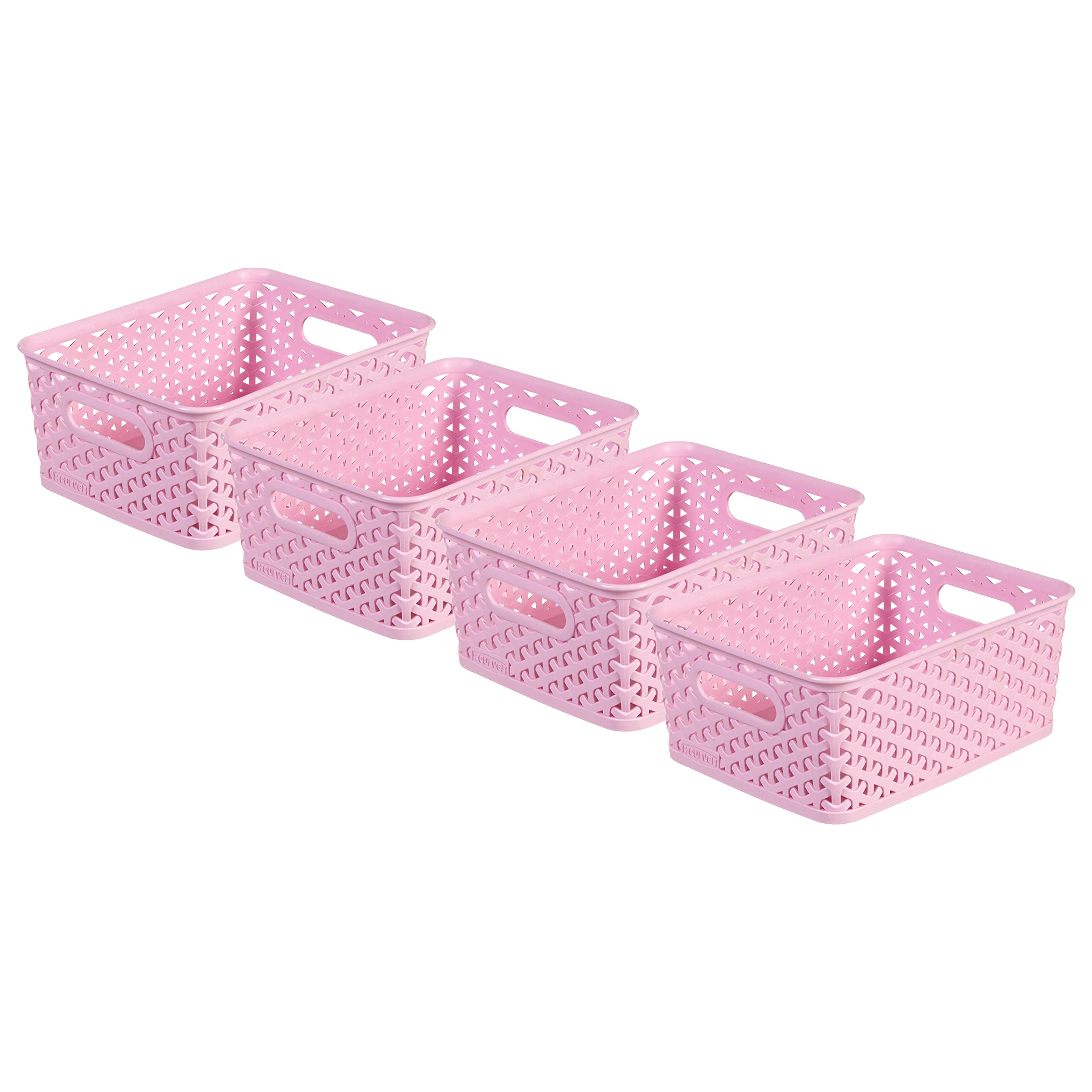 Curver My Style Rattan Effect Set of 4 Kitchen, Living room, Bathroom, Bedroom, Utility Small Rectangular Storage Baskets 4 Litres - Pink — image 1