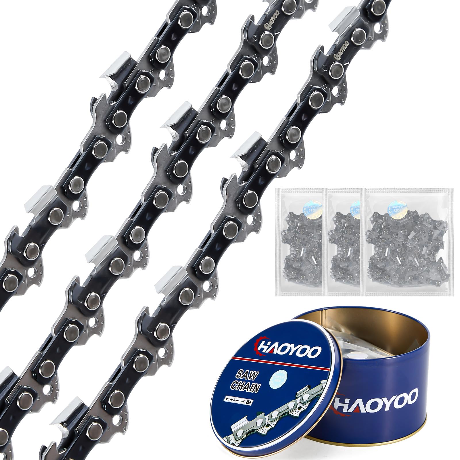 Photo 1 of HAOYOO 18 Inch Chainsaw Chain 3/8" LP Pitch .050" Gauge 62 Drive Links, 3 Pack Replacement Chainsaw Blades Fits Craftsman, Echo, Poulan, Ryobi, Ego & More