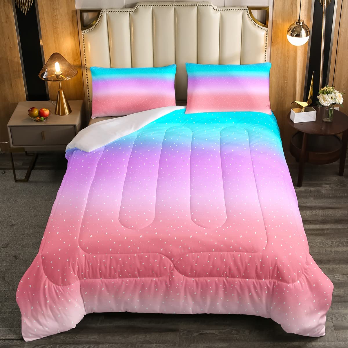 Loussiesd Rainbow Duvet Set for Kids Girls Pink Purple Teal Bedding Set Star and Moon Quilted Down Comforter Double Size