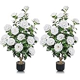 2 PCS Artificial Camellia Trees in Pot White Fake Flowers Trees Outdoor Faux Potted Tree with 24 Blooming Camellia Topiary Greenery Plant for Porch Front Door Indoor