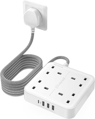 LENCENT 3M USB C Power Extension Lead 4 Sockets 1 USB-C 3 USB White
