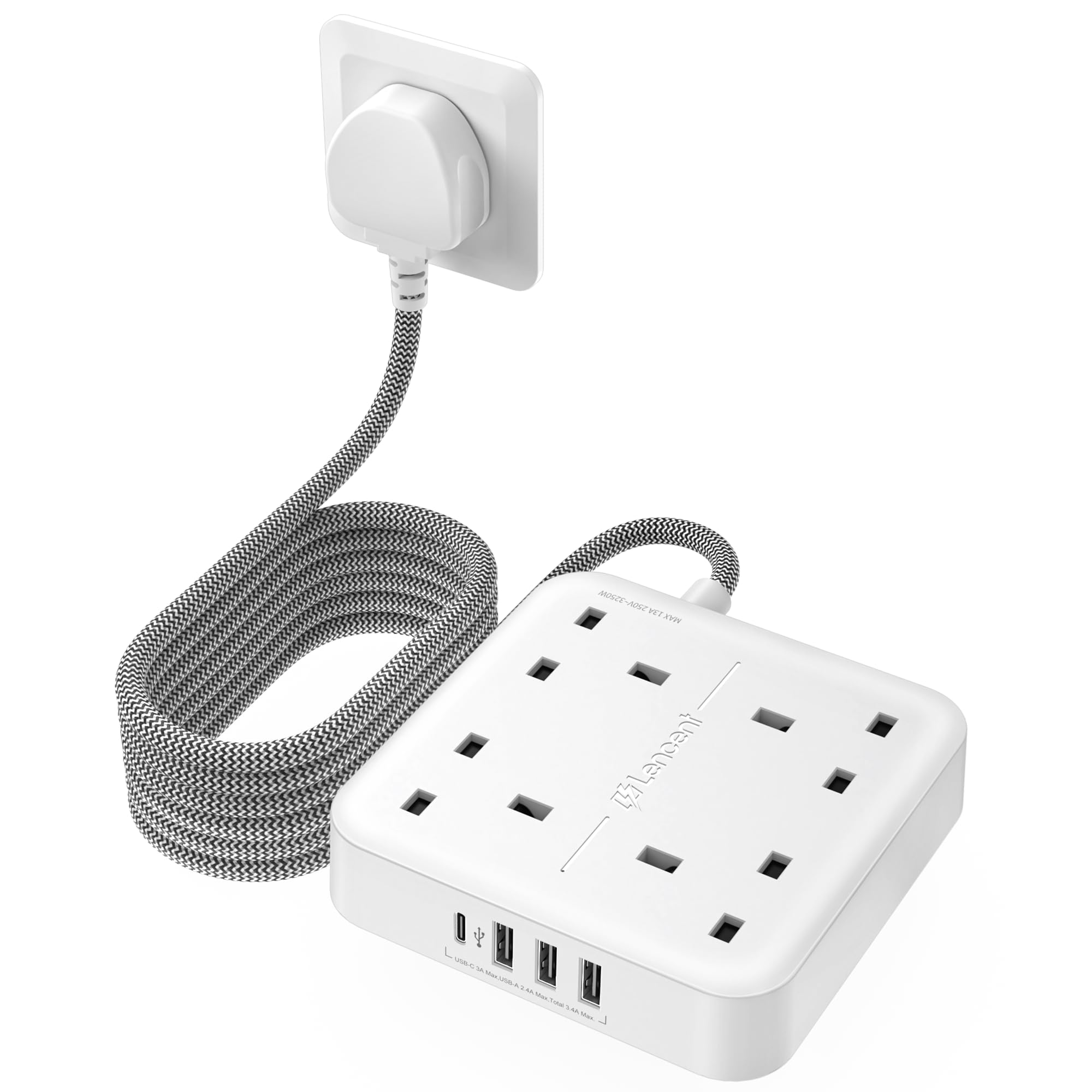 LENCENT 3M Extension Lead with USB C Port (3250W 13A), 4 Way Outlets Power Strip with 1 USB-C and 3 USB Slots, Multi Power Plug Extension with 3M Braided Extension Cord for Home Office- White
