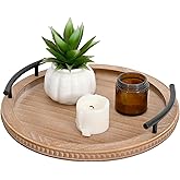 SwallowLiving Brown Wooden Beaded Serving Tray with Handle Decorative Rustic Tray for Coffee Table Farmhouse Round Tray for Kitchen, Living Room and Bedroom