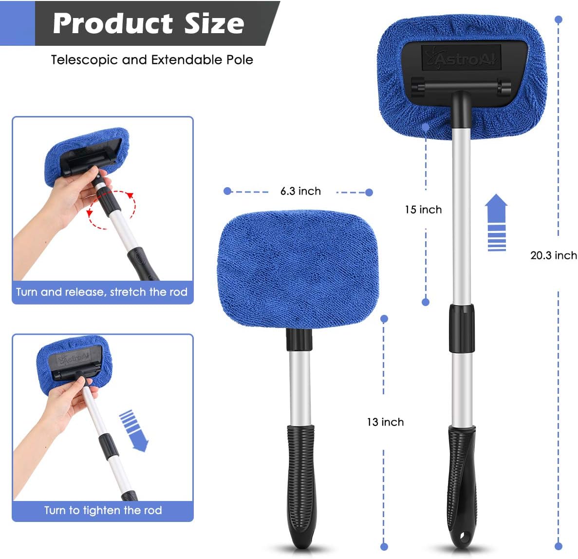 AstroAI Car Window Cleaner, 4 Microfiber Pads, Windshield Cleaning Tool with Telescopic Handle Auto Inside Glass Wiper Kit, Blue: Automotive
