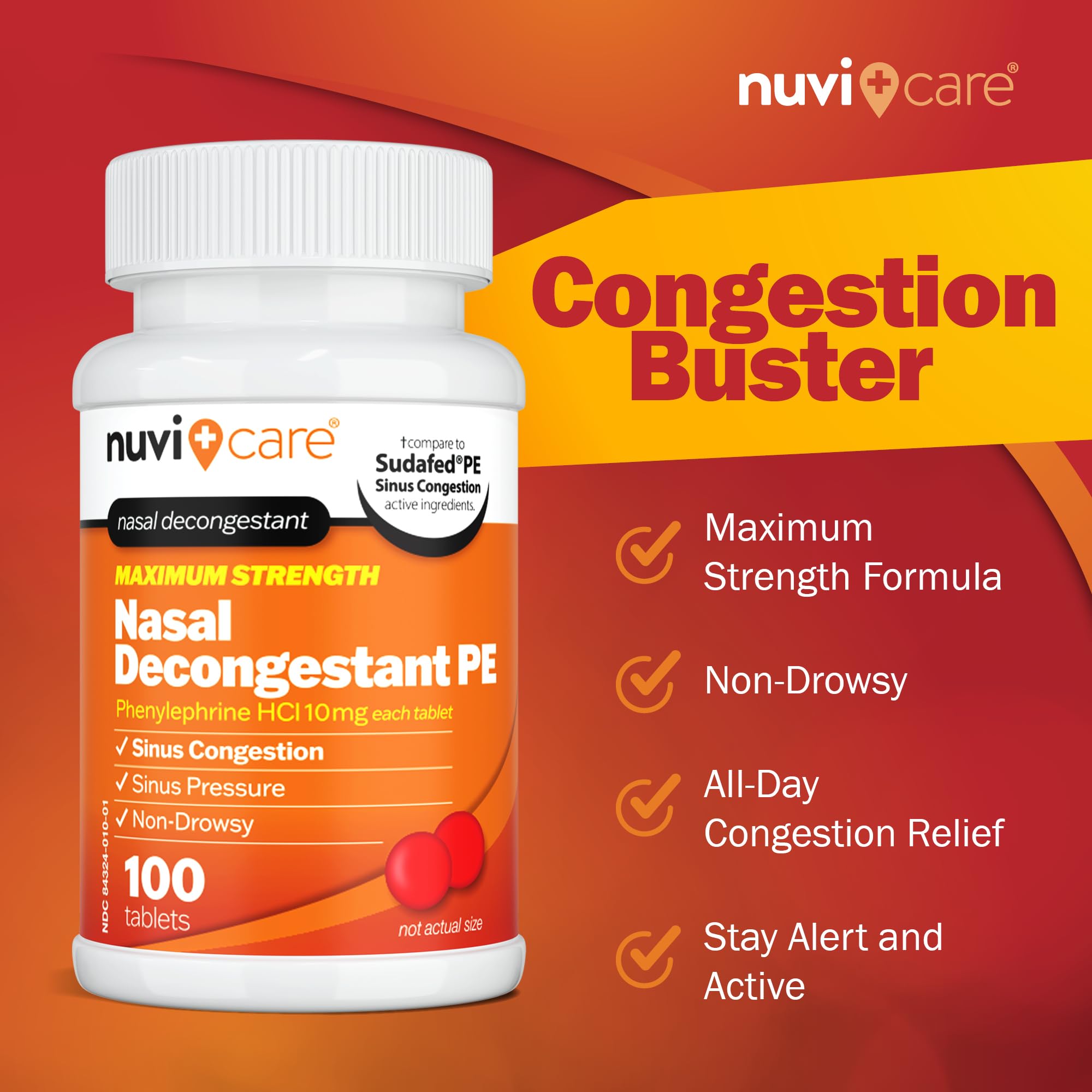 Max Strength PE Phenylephrine HCl 10mg Non Drowsy Nasal Decongestant - Allergy Sinus Congestion Relief Compare to Sudafed PE Decongestant Tablets - Sinus Decongestants for Adults (100 Count)