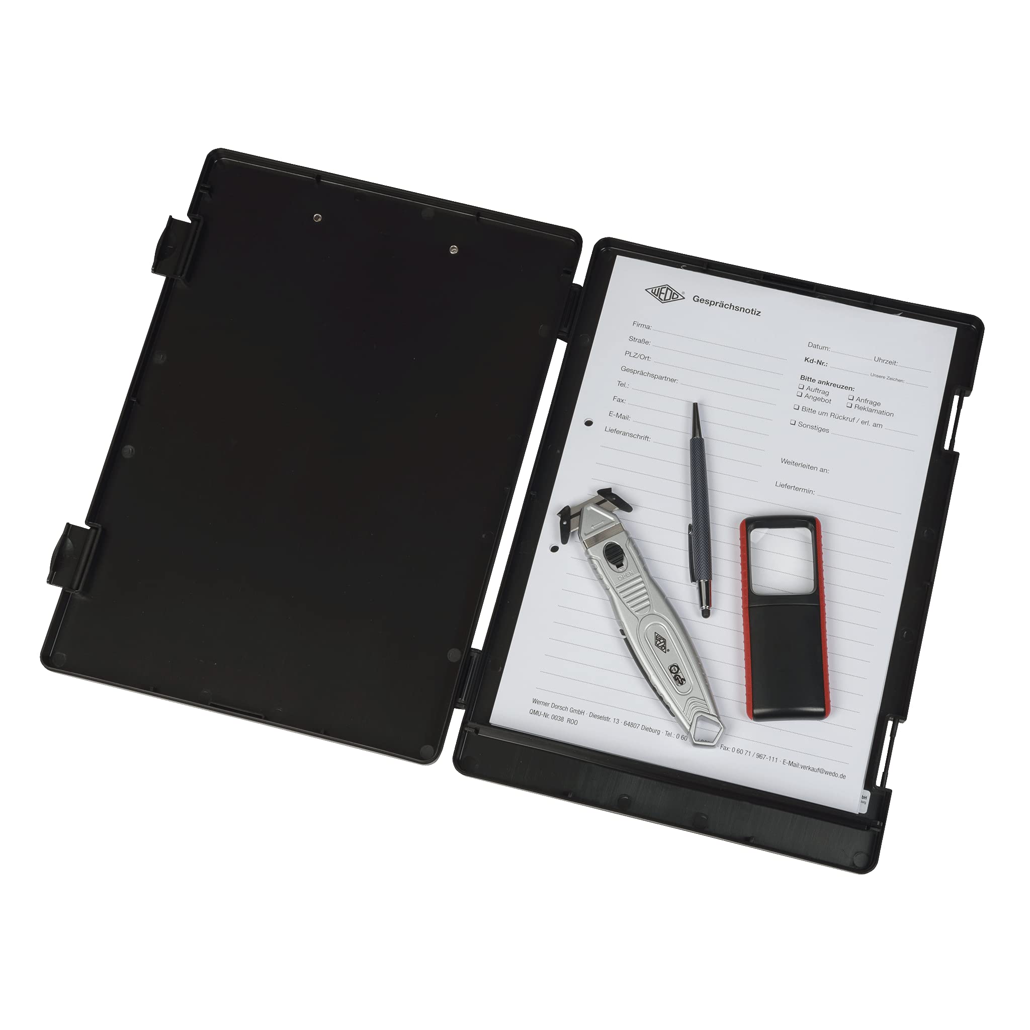 WEDO 575001 Clipboard (A4) with Storage Compartment for Forms, Calculators and More, Sturdy Metal Clamp, Pen Holder (Black)