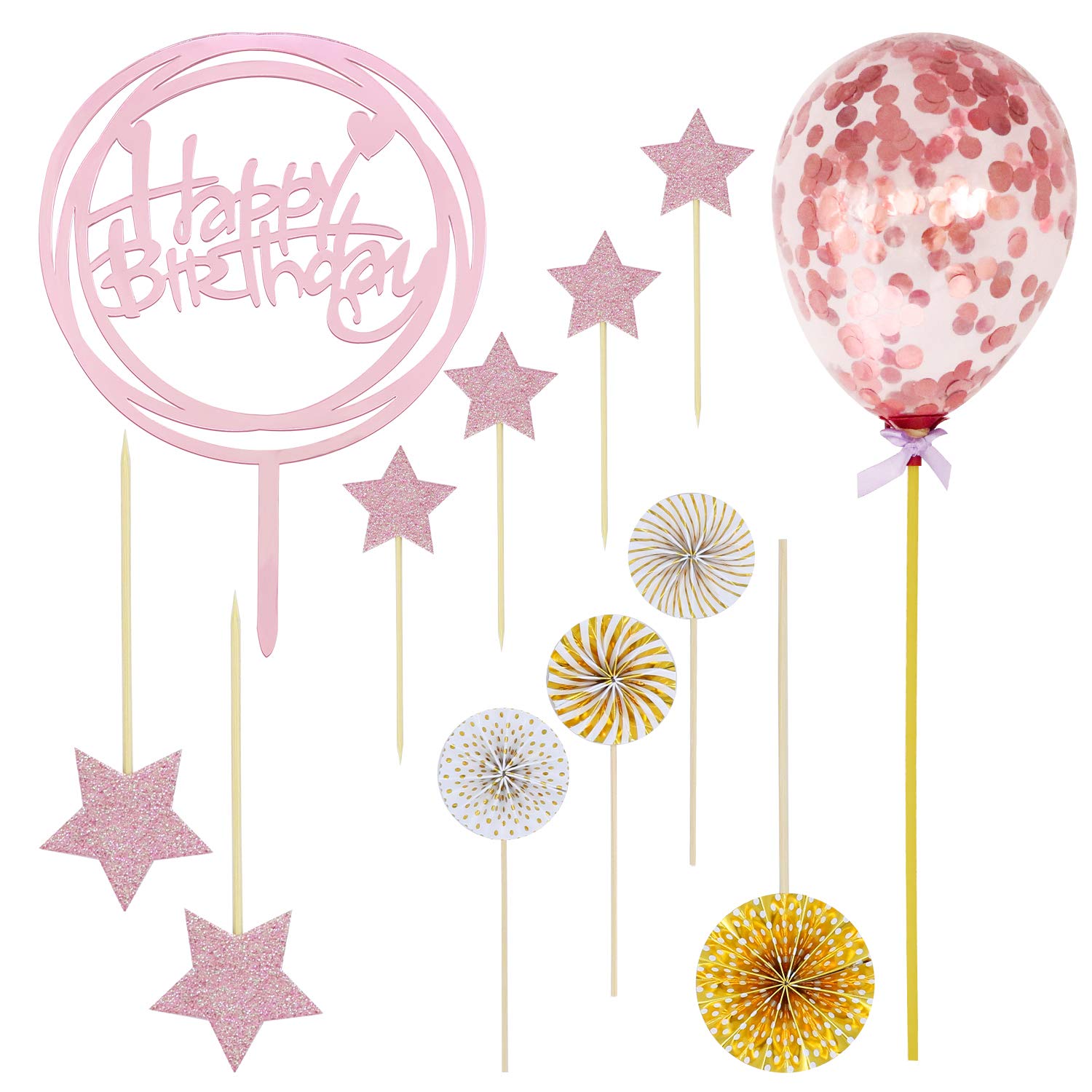 12 PCS Happy Birthday Cake Topper Set Rose Gold Acrylic Round Frame Cupcake Topper Paper Fans Confetti Balloon Birthday Cake Supplies Decorations for Birthday party Baby Shower