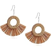 Boho Summer Beach Earrings for Women Lightweight Straw Wicker Earring Statement Raffia Fan Round Tassel Dangle Drop Earrings Hawaii Jewelry