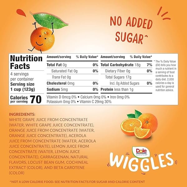 DOLE WIGGLES NO SUGAR ADDED ORANGE FRUIT JUICE GELS SNACKS, 4.3OZ 4 TOTAL CUPS, GLUTEN & DAIRY FREE, BULK LUNCH SNACKS FOR KIDS & ADULTS