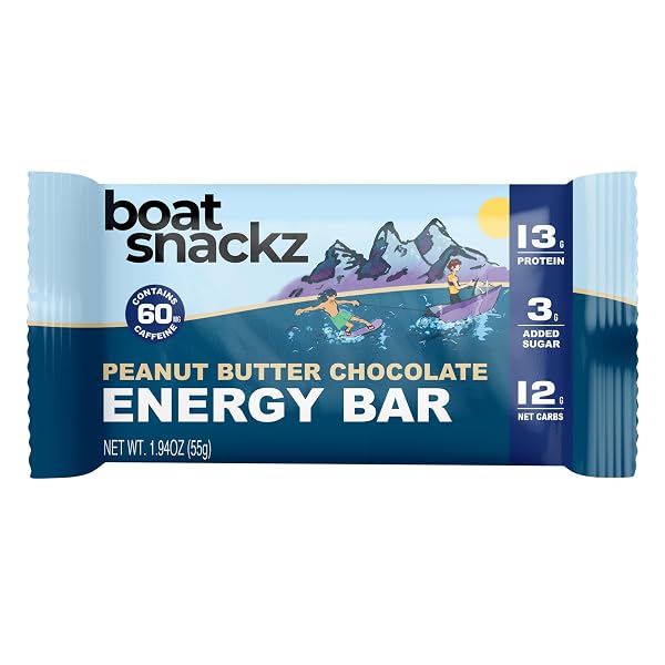 BOAT SNACKZ – PEANUT BUTTER CHOCOLATE, ENERGY BARS (12 PACK) 13G PROTEIN, 3G ADDED SUGAR, 12G NET CARBS, 60MG CAFFEINE, NO SEED OILS (55G BARS) MADE IN USA – SUPPORTS VETERAN CHARITIES