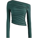 CIDER Women's Asymmetrical Top Off The Shoulder Long Sleeve Shirts Ruched Going Out Crop Tops