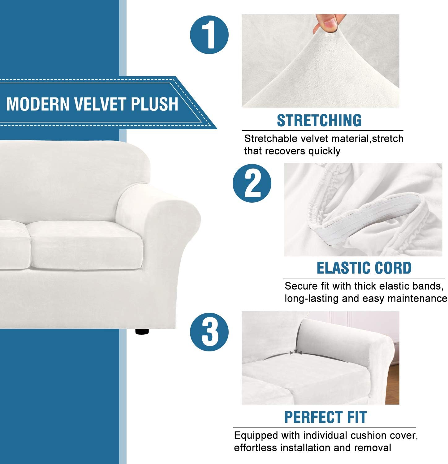 H.VERSAILTEX Modern Velvet Plush 4 Piece High Stretch Sofa Slipcover Strap Sofa Cover Furniture Protector Form Fit Luxury Thick Velvet Sofa Cover for 3 Cushion Couch, Machine Washable(Sofa,Ivory): Kitchen & Dining