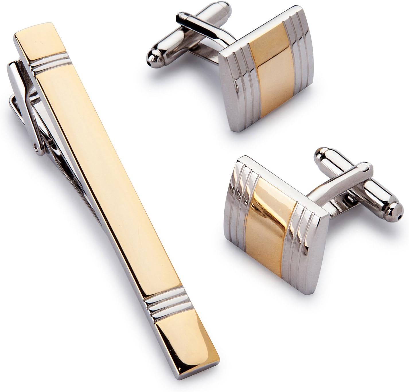 Two Tone Golden Cufflink and Tie-Clip Set in Gift Box-Timeless Design-Classic and Fashionable Gift