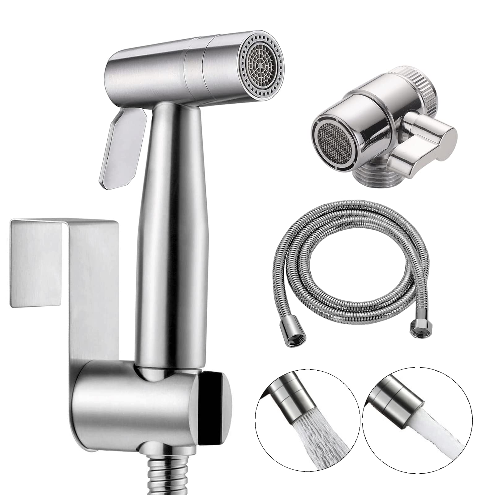 ABSOK 2 Modes Bidet Shower Kit, Stainless Steel Bidet Hand Shower for Bidet Toilet Shower with 2 Way Shower Diverter, 1.5m Shower Hose and Hand Shower Holder, Silver