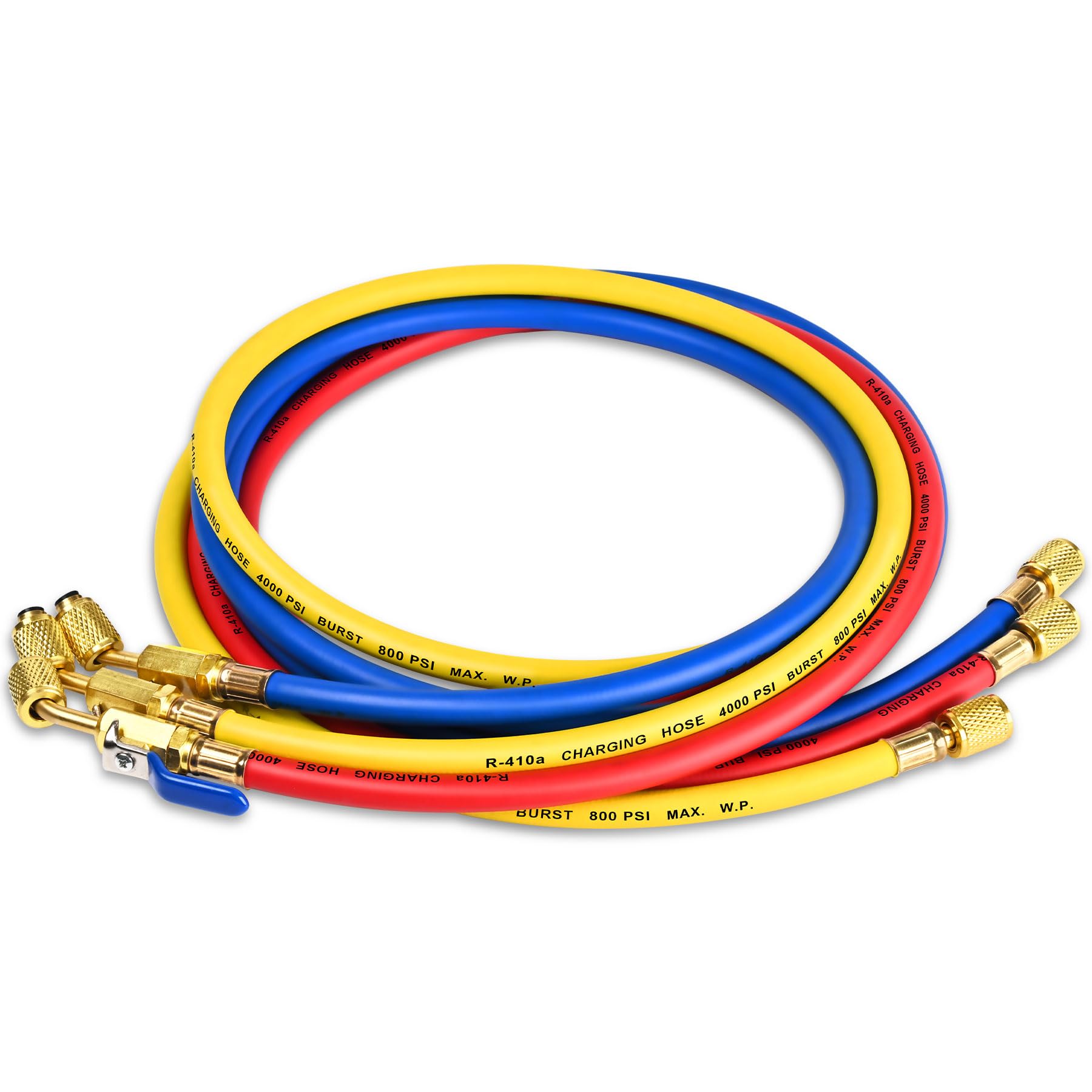 Photo 1 of Upgraded 29988 Plus II 1/4” HVAC Hose, 8FT(96”), Compact Ball Valve Refrigerant Hose, Standard 1/4” Flare Fittings for Common Refrigerants Such as R410a R134a R22, Red/Yellow/Blue (Pack of 3)