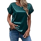 Chigant Women's Short Sleeve Satin Blouses Casual Loose Crewneck Silk Shirts Roll Up Sleeve Tunic Tops S-XXL