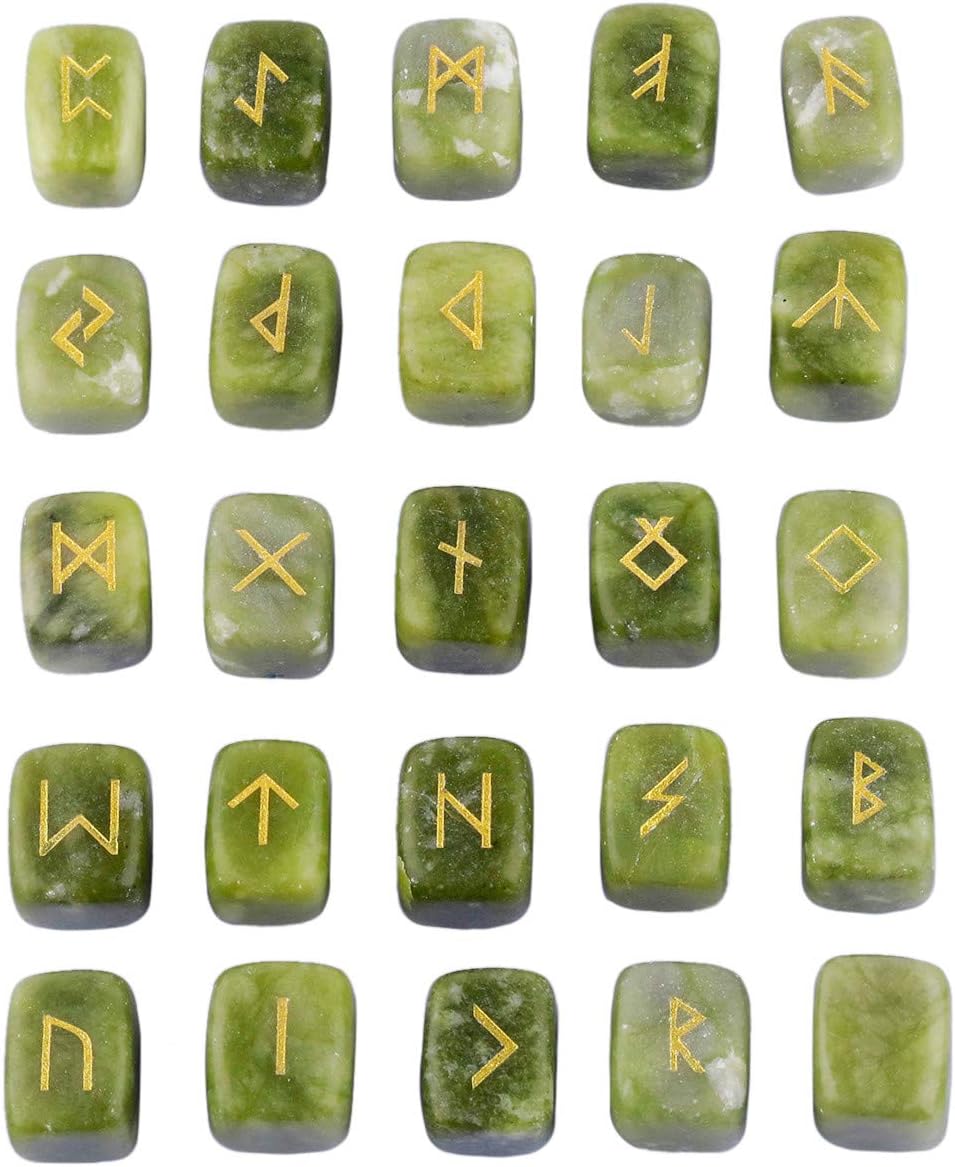 KYEYGWO Green Jade Witches Runes Set, Rune Stones with Engraved Elder Futhark Runic Alphabet for Divination Meditation Healing