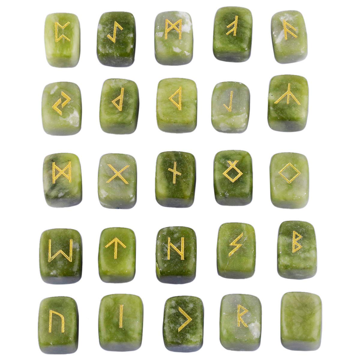 KYEYGWO Green Jade Witches Runes Set, Rune Stones with Engraved Elder Futhark Runic Alphabet for Divination Meditation Healing