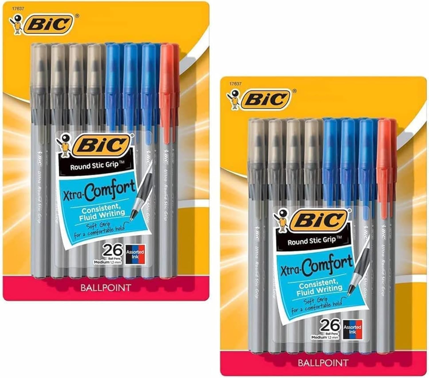 52 x Bic Round Stic Grip Ballpoint Pens, 1.2mm Medium Point Nib, Xtra-Comfort Soft Grip - Assorted Ink Colours (Black, Blue, Red)