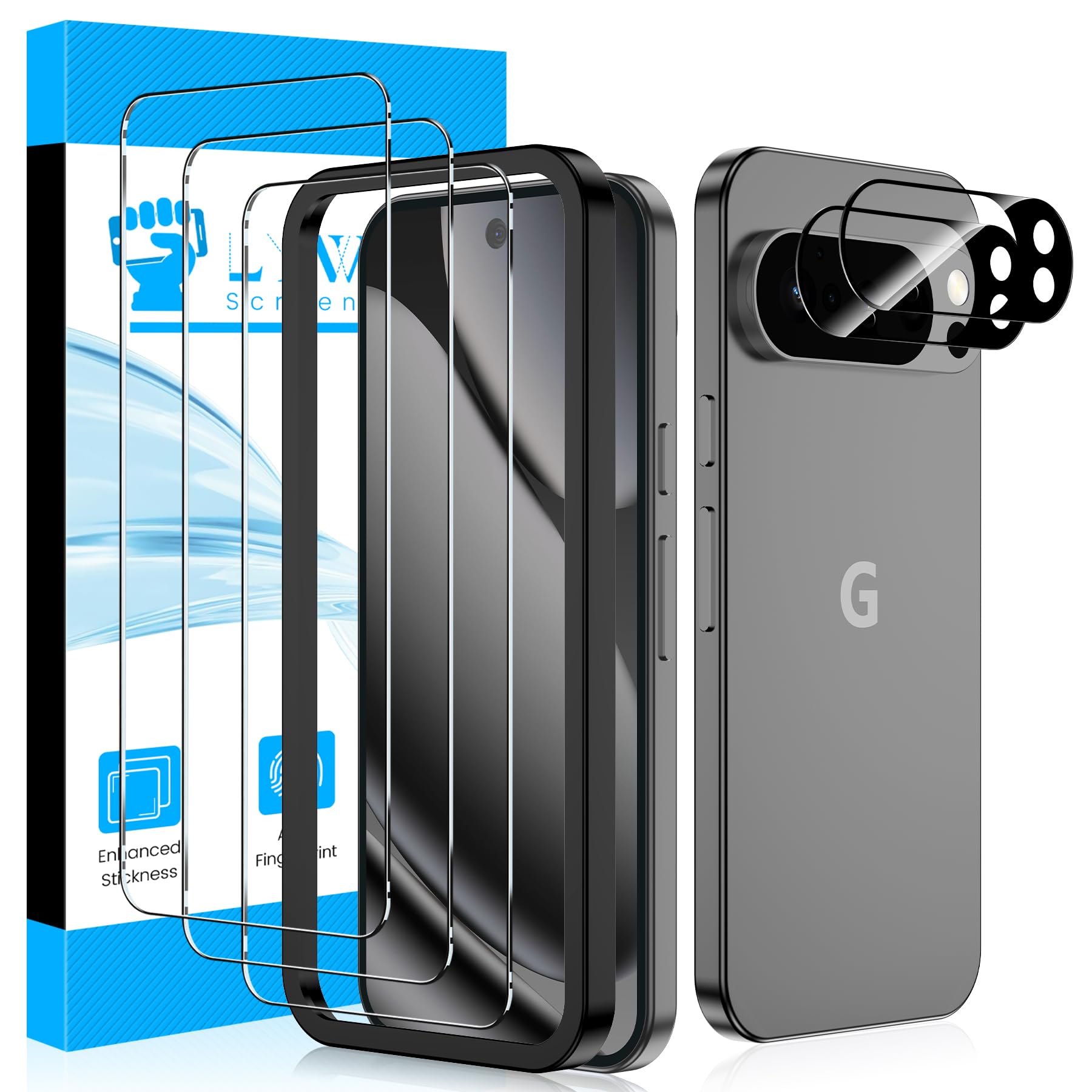 LYWHL for Google Pixel 10 Pro Screen Protector, 3 Pack 9H Hardness Tempered Glass Film +2 Pack Camera Lens Protector, Fingerprint Unlock Support, HD Clear Anti-Scratch Easy Install Full Coverage Case Friendly