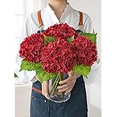 JINWOE Hydrangea Artificial Flowers, Lifelike Latex Silk Real Touch Faux Hydrangea Flowers, Artificial Hydrangeas Bouquet for Wedding Centerpieces Tables Party Home (Red)
