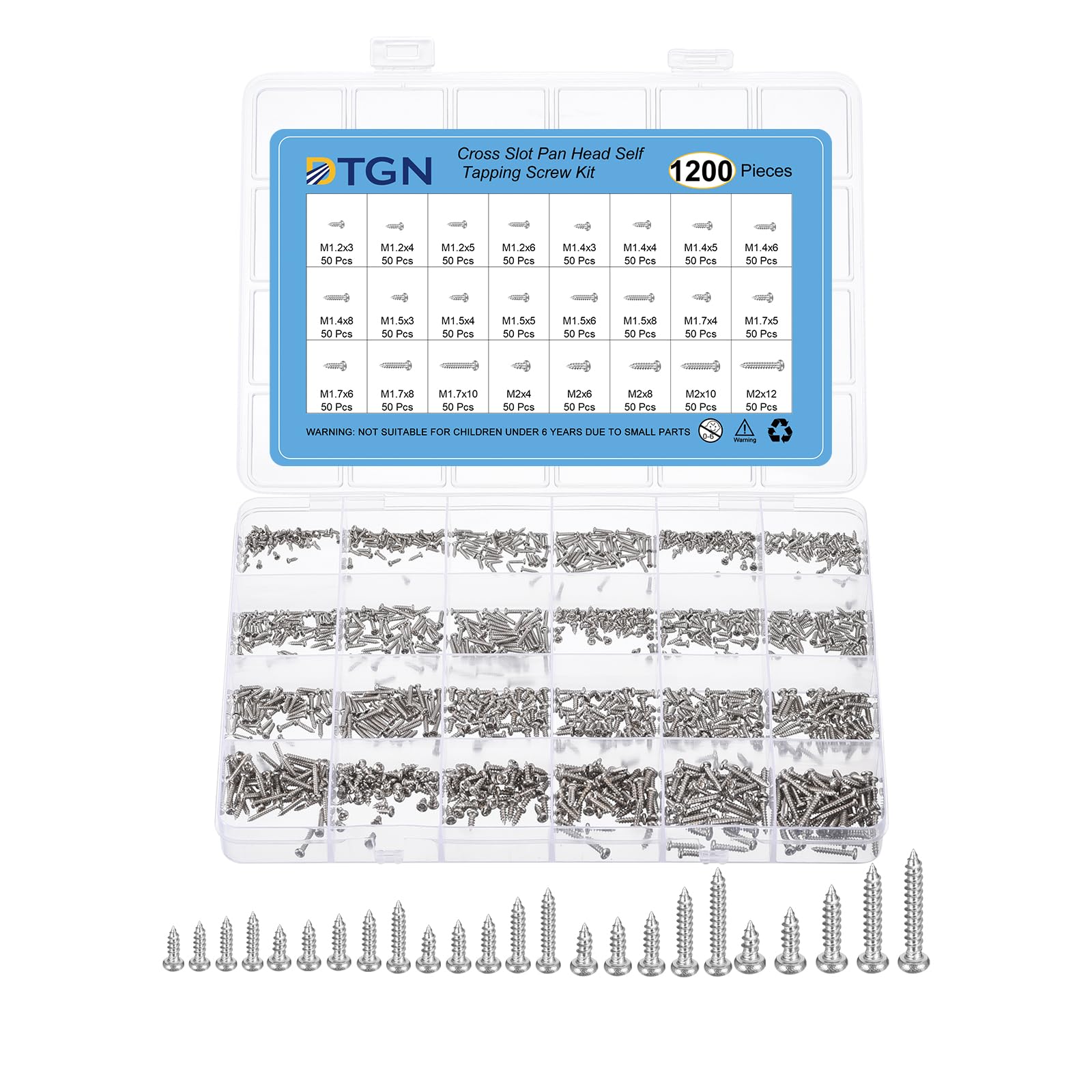 DTGN Mini Screw Kit Phillips Pan Head Micro Screws Self-Tapping Laptop Notebook Computer Screws Kit,Carbon Steel Nickel-Plated,Silver(Size:M1.2x3-M2x12-1200pcs+1Elbow Tweezers)
