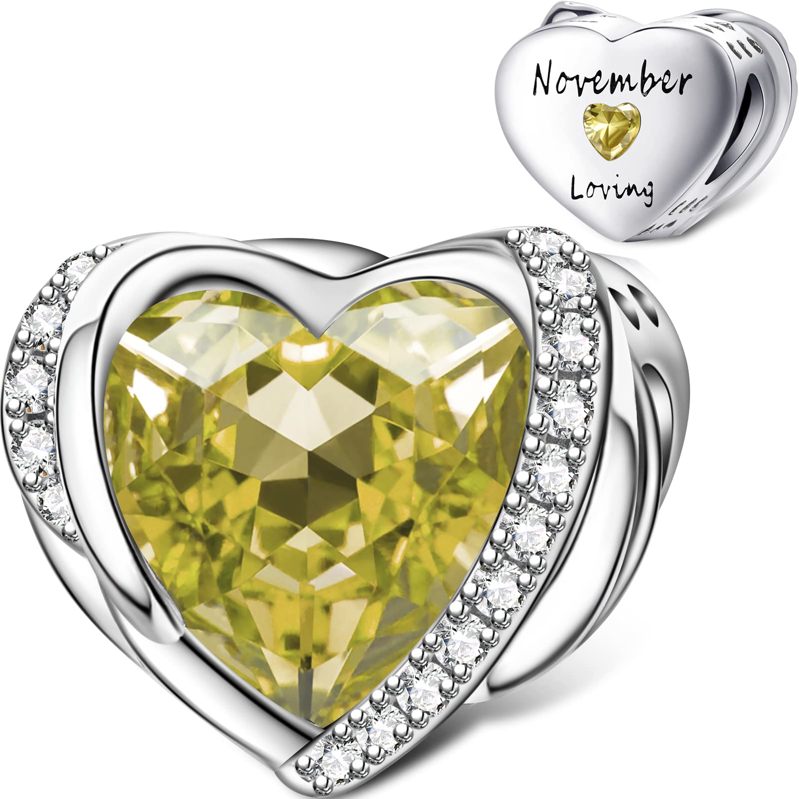 November Birthstone Charms for Pandora Charms Bracelet, Angel Wings 925 Sterling Silver Love Heart Bead Pendant Engraved Loving,Birthday Mother's day Jewelry Gifts for Women Girls